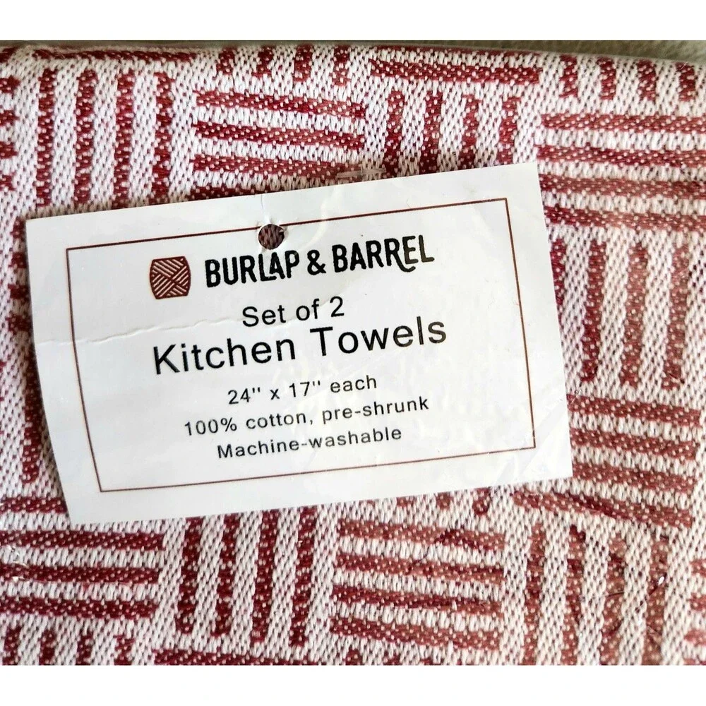 Set Of 2 NWT BURLAP & BARREL Kitchen Towels Red White 100% Cotton 24